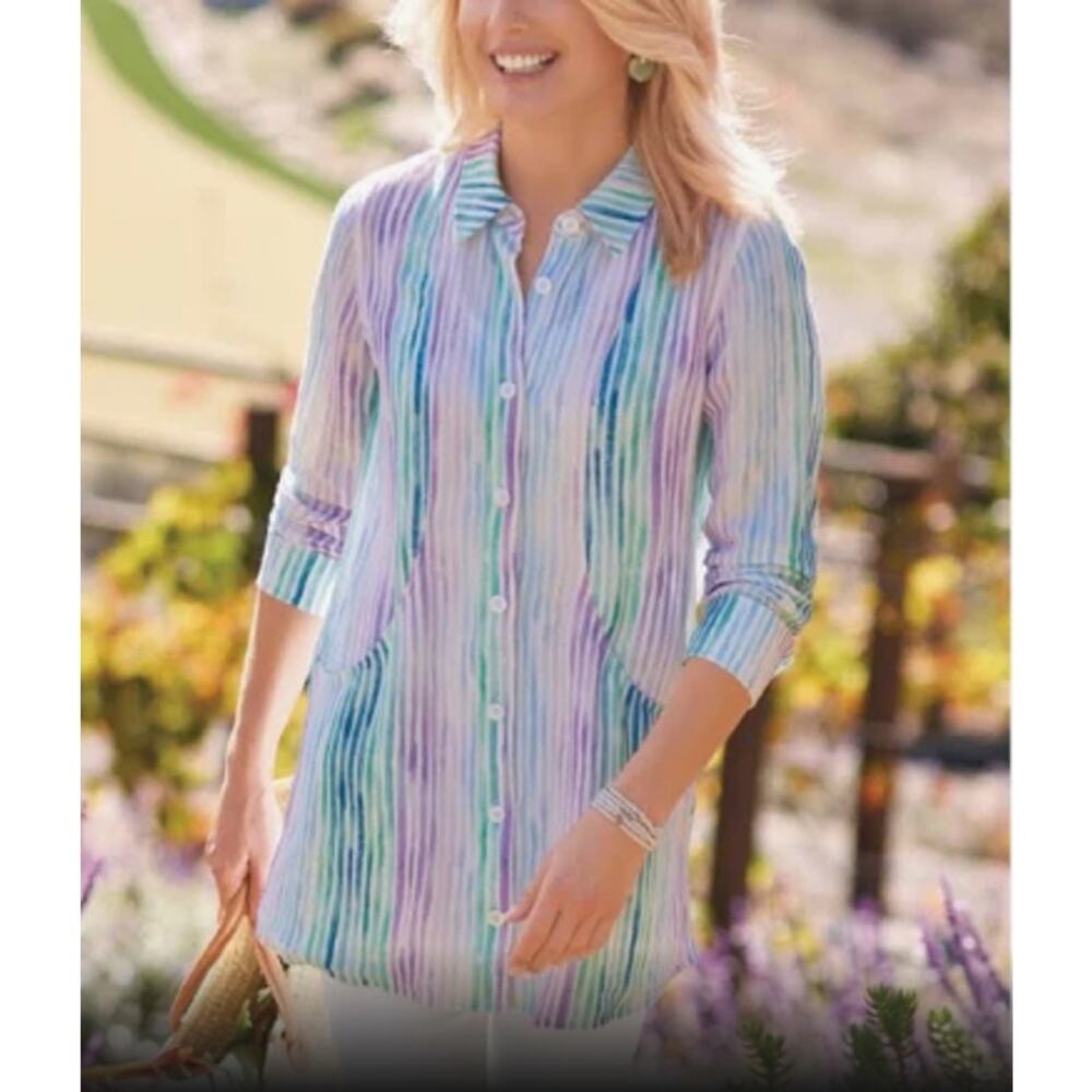 NWT Soft Surroundings Cia Gauze Tunic Shirt Size M Coastal Boho Coverup